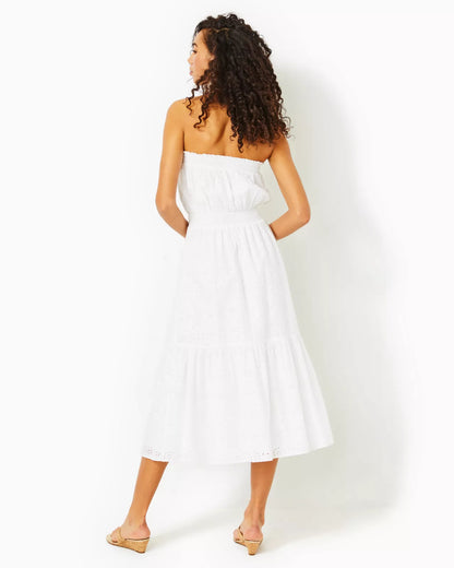 NIKOLE STRAPLESS EYELET MIDI DRESS, RESORT WHITE TIDEPOOL EYELET