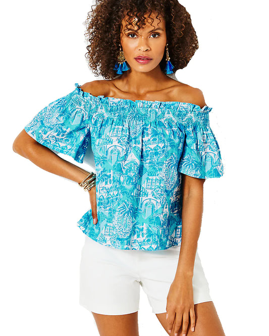 LEANNE OFF THE SHOULDER LINEN TOP, AMALFI BLUE SUNNY STATE OF MIND