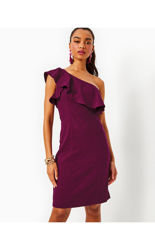 BORDEAUX ONE SHOULDER DRE, AMARENA CHERRY KNIT PUCKER JACQUARD