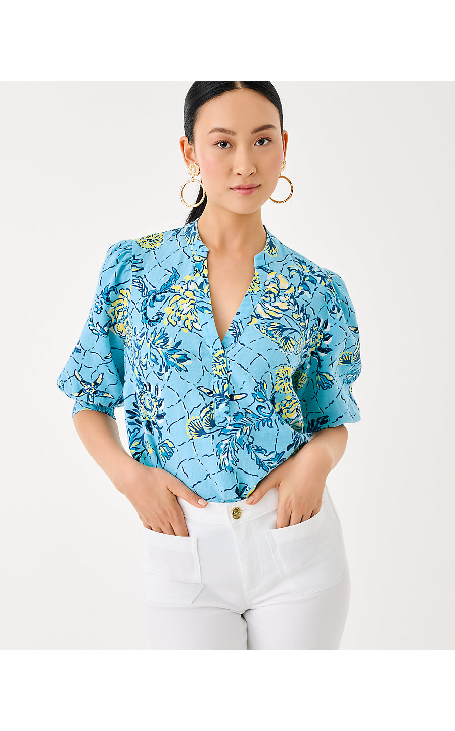 MIALEIGH ELBOW SLEEVE LINEN TOP, BELLEVUE BLUE BREAKERS BEACH