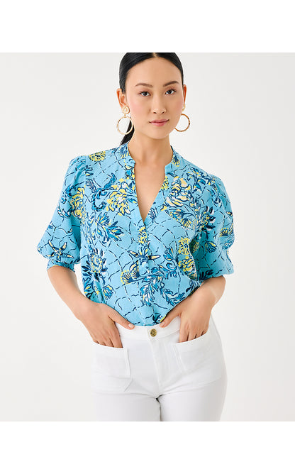 MIALEIGH ELBOW SLEEVE LINEN TOP, BELLEVUE BLUE BREAKERS BEACH