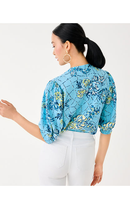 MIALEIGH ELBOW SLEEVE LINEN TOP, BELLEVUE BLUE BREAKERS BEACH