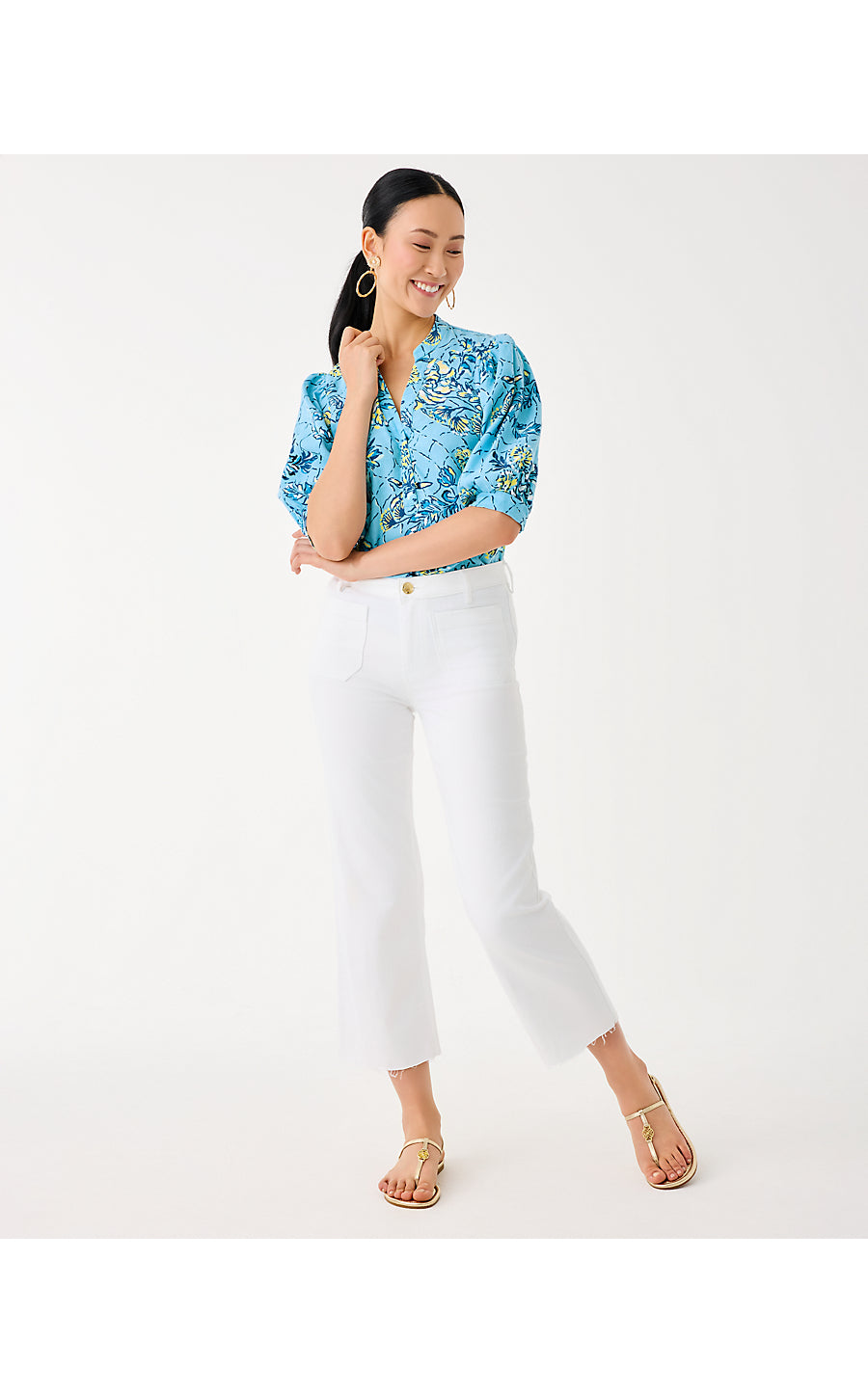 MIALEIGH ELBOW SLEEVE LINEN TOP, BELLEVUE BLUE BREAKERS BEACH