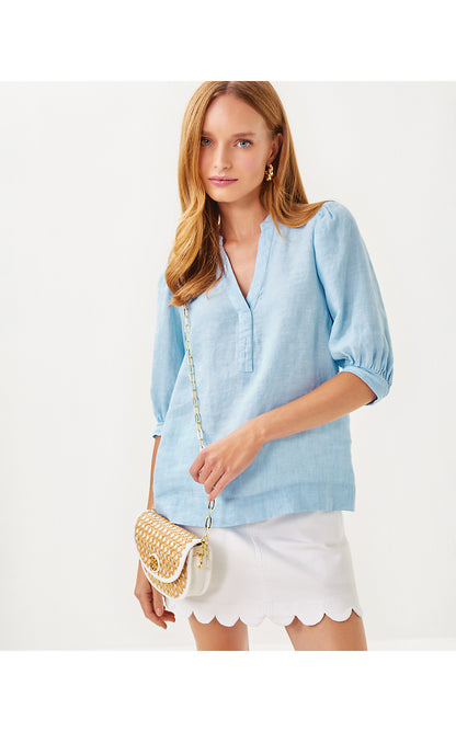 MIALEIGH ELBOW SLEEVE LINEN TOP, BLUE PERI X RESORT WHITE