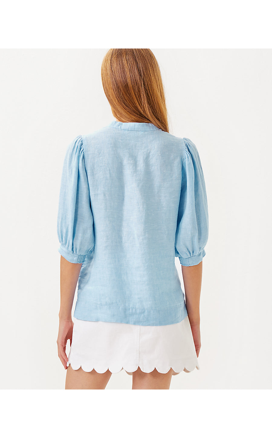 MIALEIGH ELBOW SLEEVE LINEN TOP, BLUE PERI X RESORT WHITE