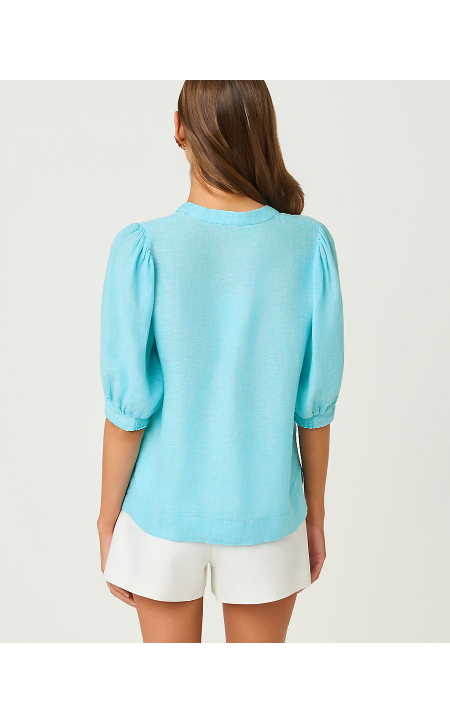 MIALEIGH ELBOW SLEEVE LINEN TOP, CAPRI BLUE X RESORT WHITE