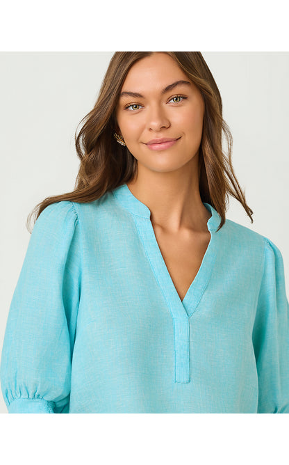 MIALEIGH ELBOW SLEEVE LINEN TOP, CAPRI BLUE X RESORT WHITE