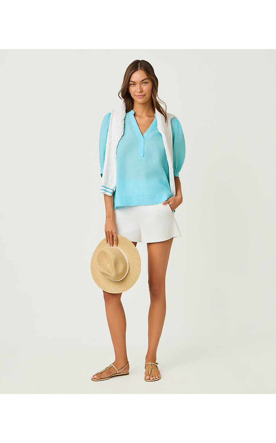 MIALEIGH ELBOW SLEEVE LINEN TOP, CAPRI BLUE X RESORT WHITE