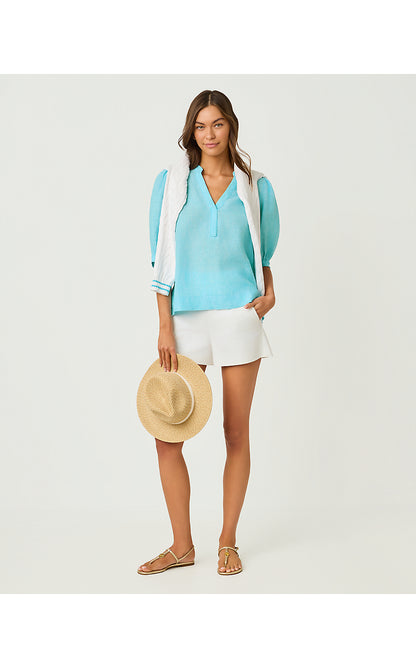 MIALEIGH ELBOW SLEEVE LINEN TOP, CAPRI BLUE X RESORT WHITE