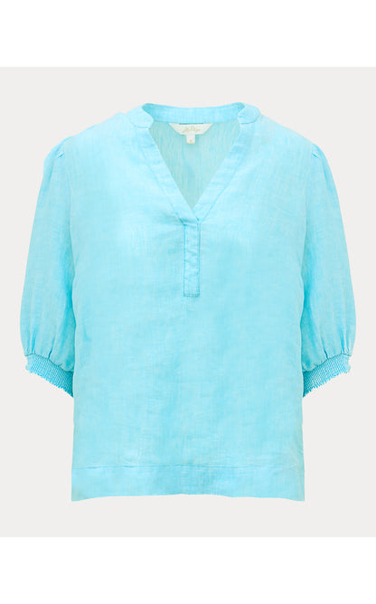 MIALEIGH ELBOW SLEEVE LINEN TOP, CAPRI BLUE X RESORT WHITE