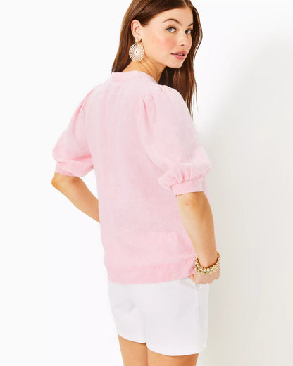 MIALEIGH ELBOW SLEEVE LINEN TOP, CONCH SHELL PINK