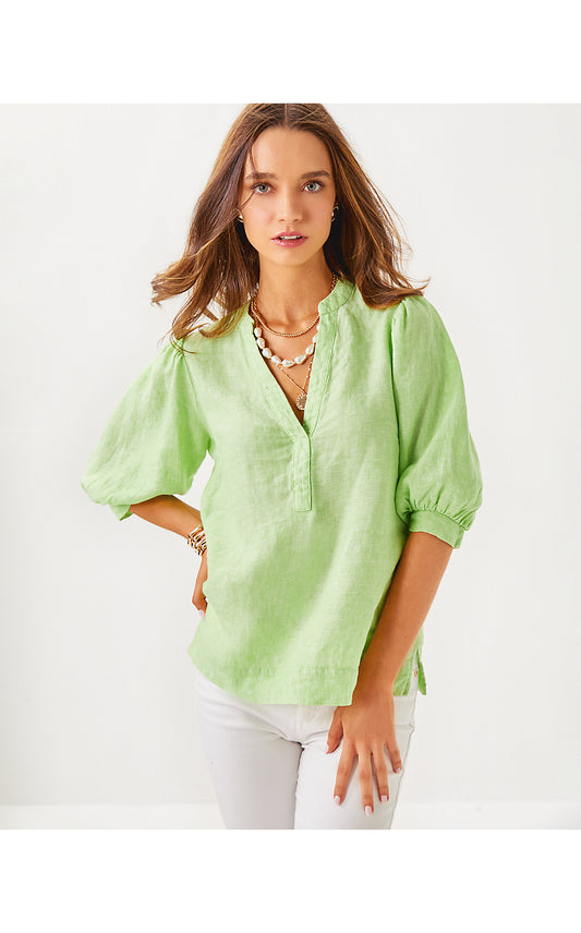 MIALEIGH ELBOW SLEEVE LINEN TOP, JADE LIME X RESORT WHITE