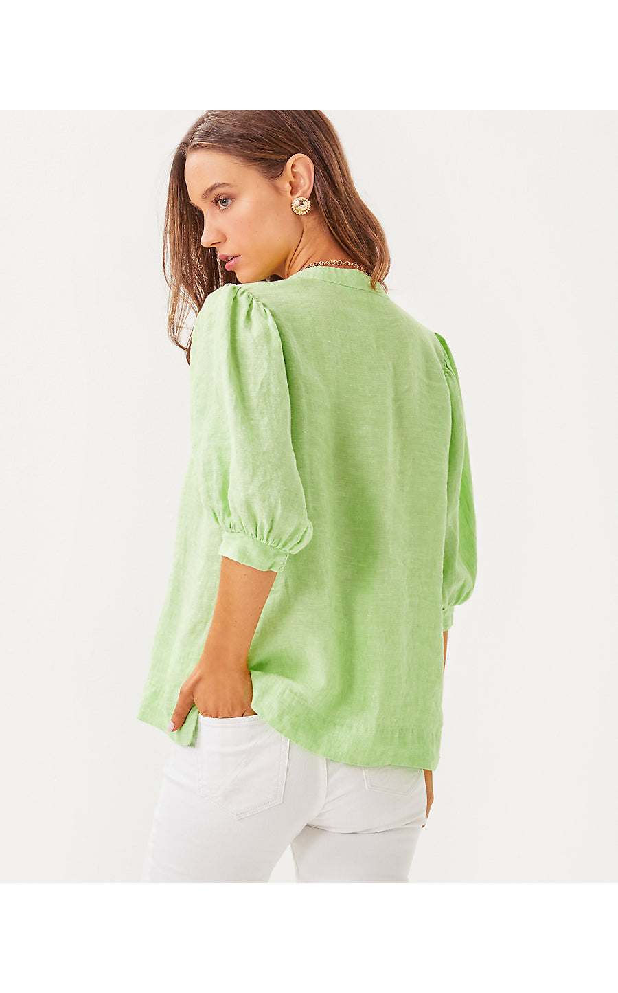 MIALEIGH ELBOW SLEEVE LINEN TOP, JADE LIME X RESORT WHITE