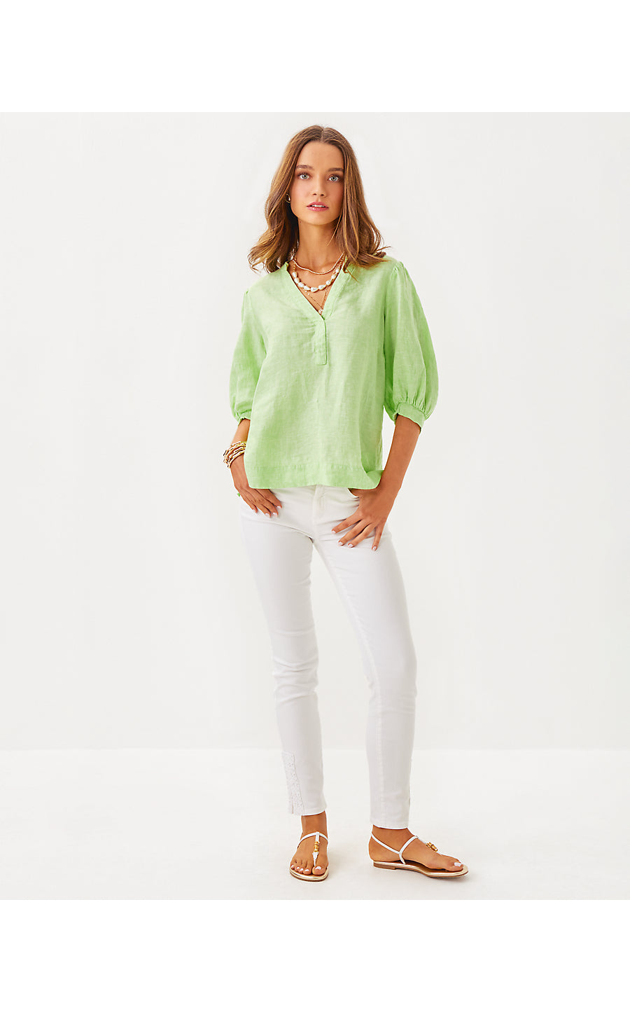 MIALEIGH ELBOW SLEEVE LINEN TOP, JADE LIME X RESORT WHITE