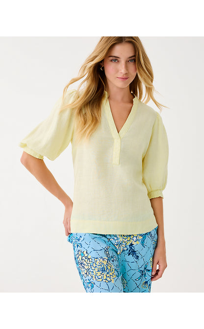 MIALEIGH ELBOW SLEEVE LINEN TOP, LIMONCELLO X RESORT WHITE