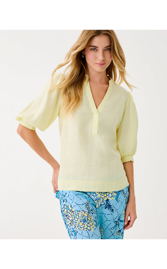 MIALEIGH ELBOW SLEEVE LINEN TOP, LIMONCELLO X RESORT WHITE