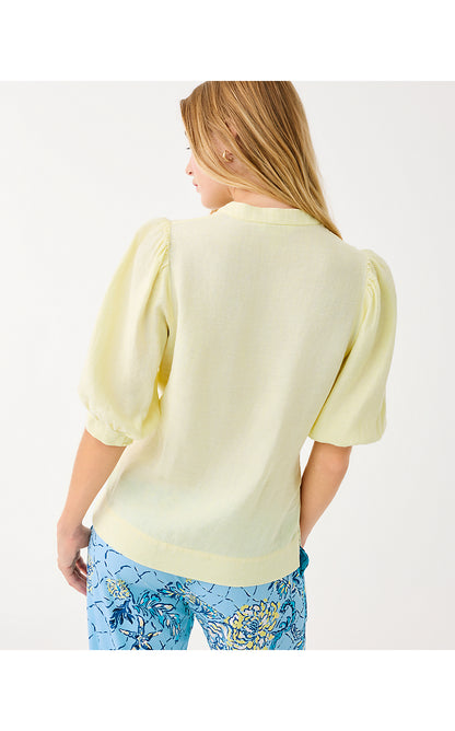 MIALEIGH ELBOW SLEEVE LINEN TOP, LIMONCELLO X RESORT WHITE