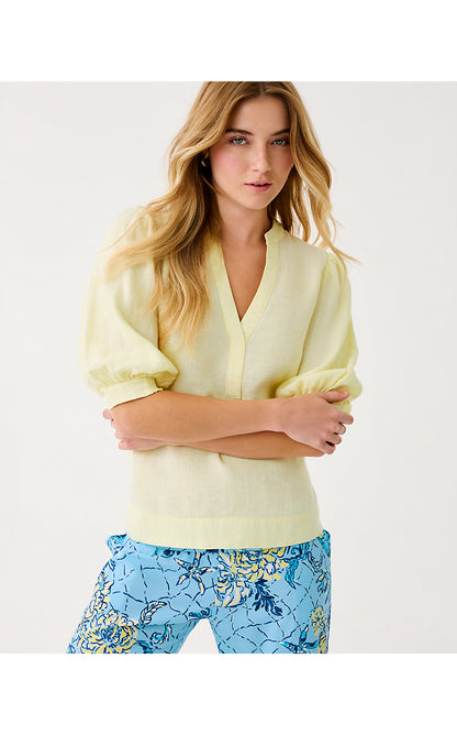 MIALEIGH ELBOW SLEEVE LINEN TOP, LIMONCELLO X RESORT WHITE