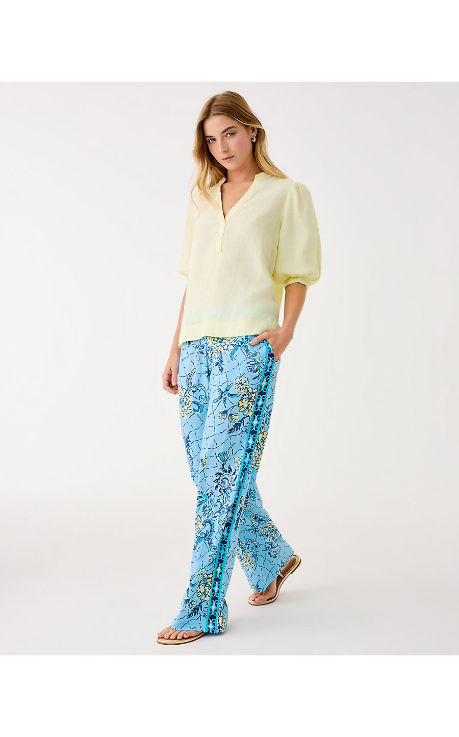 MIALEIGH ELBOW SLEEVE LINEN TOP, LIMONCELLO X RESORT WHITE
