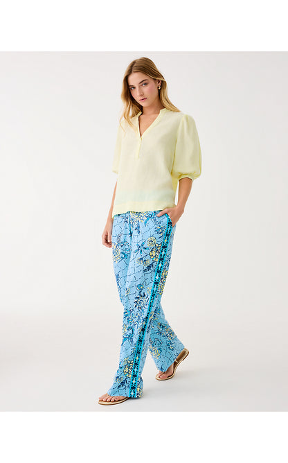 MIALEIGH ELBOW SLEEVE LINEN TOP, LIMONCELLO X RESORT WHITE