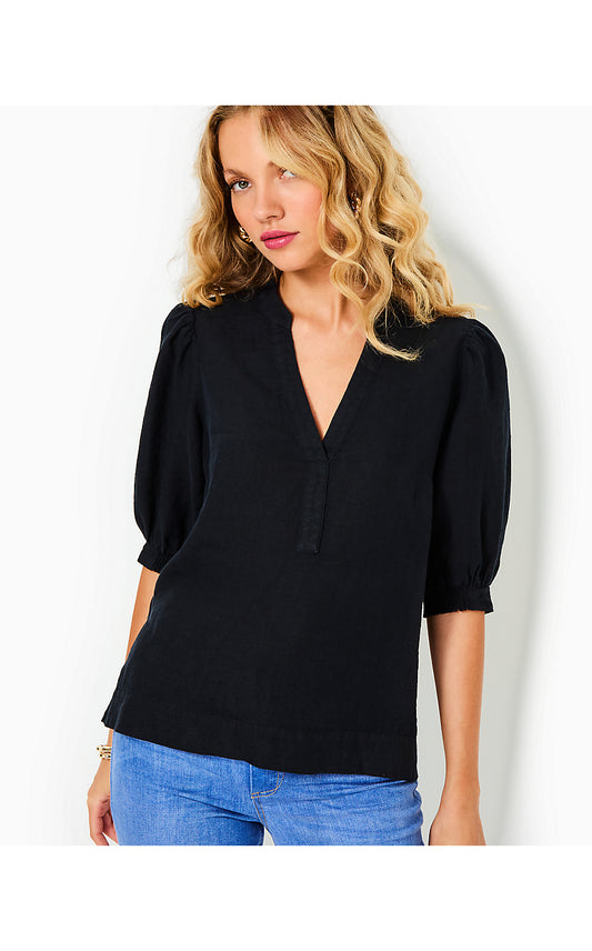 MIALEIGH ELBOW SLEEVE LINEN TOP, NOIR X NOIR