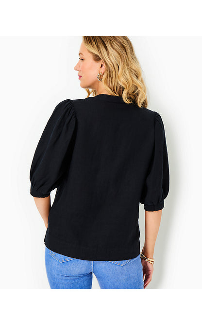 MIALEIGH ELBOW SLEEVE LINEN TOP, NOIR X NOIR