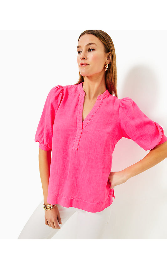 MIALEIGH ELBOW SLEEVE LINEN TOP, PASSION FRUIT PINK