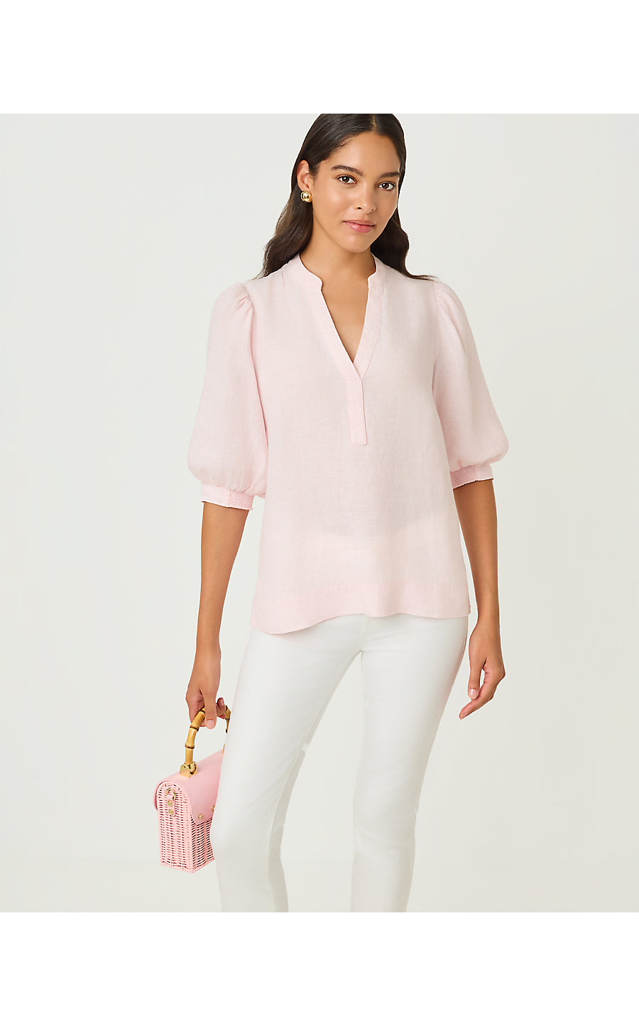 MIALEIGH ELBOW SLEEVE LINEN TOP, PINK MUSE X RESORT WHITE