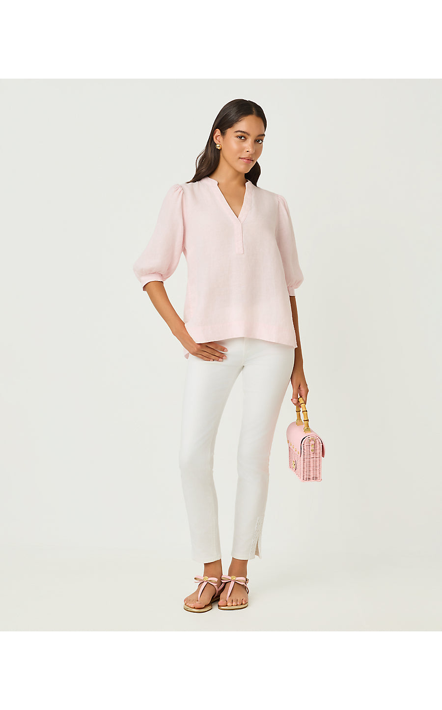 MIALEIGH ELBOW SLEEVE LINEN TOP, PINK MUSE X RESORT WHITE