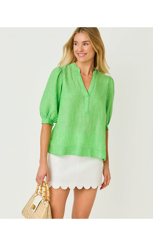 MIALEIGH ELBOW SLEEVE LINEN TOP, PUTTING GREEN X RESORT WHITE