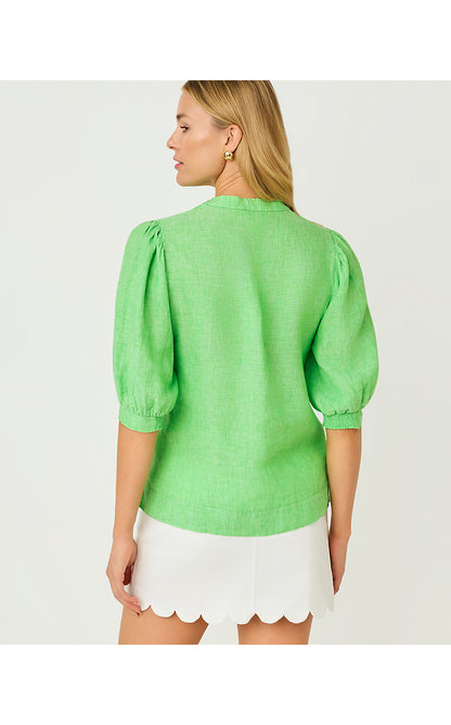 MIALEIGH ELBOW SLEEVE LINEN TOP, PUTTING GREEN X RESORT WHITE