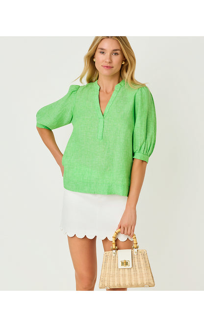 MIALEIGH ELBOW SLEEVE LINEN TOP, PUTTING GREEN X RESORT WHITE