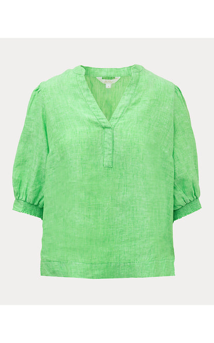 MIALEIGH ELBOW SLEEVE LINEN TOP, PUTTING GREEN X RESORT WHITE