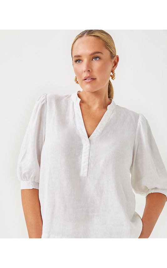 MIALEIGH ELBOW SLEEVE LINEN TOP, RESORT WHITE