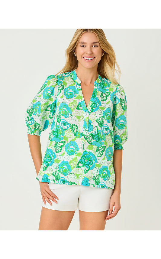 MIALEIGH ELBOW SLEEVE LINEN TOP, RESORT WHITE MONARCH ROSE