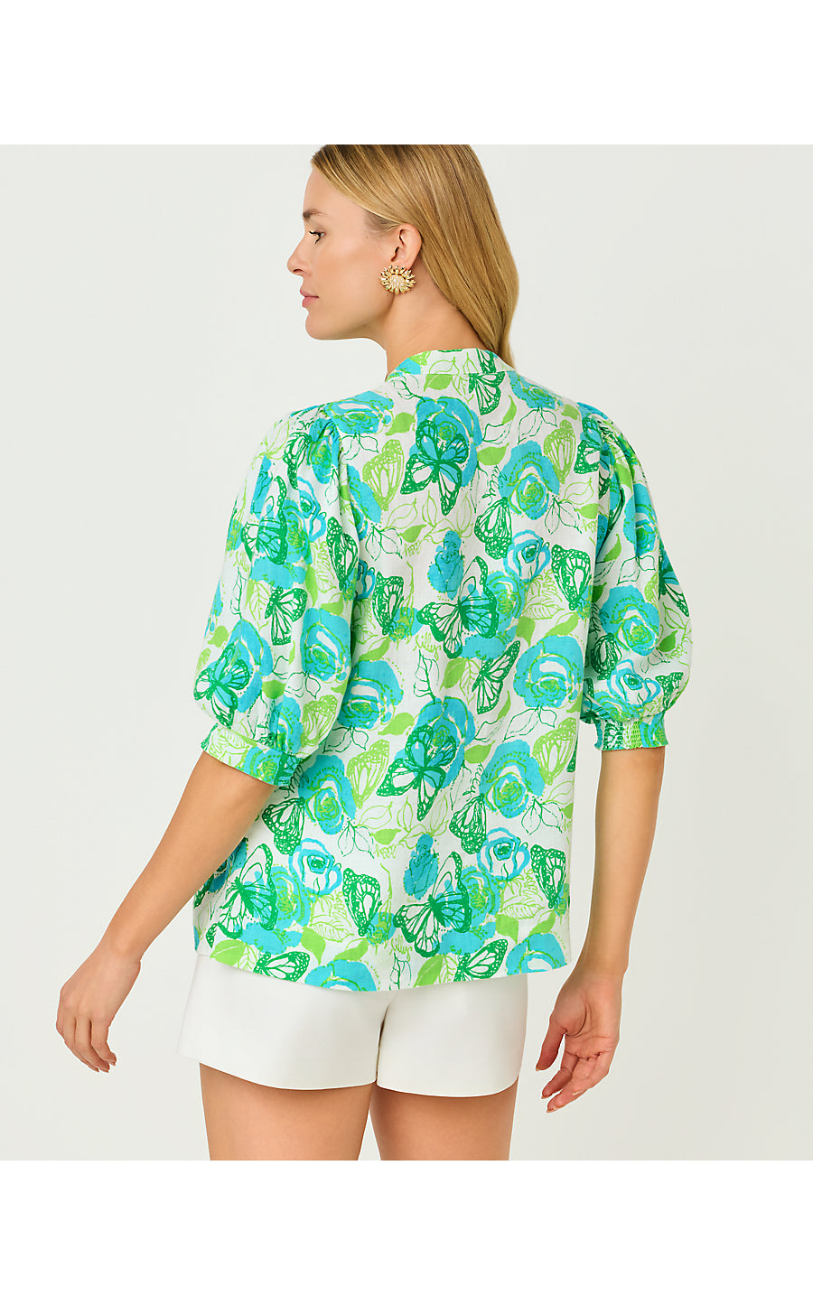 MIALEIGH ELBOW SLEEVE LINEN TOP, RESORT WHITE MONARCH ROSE