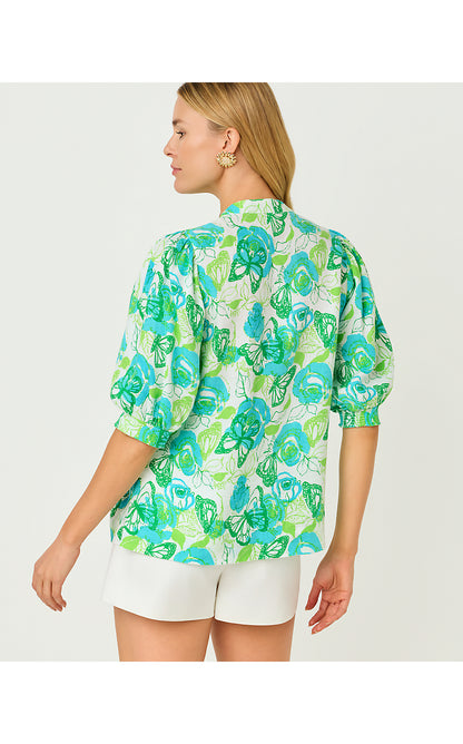 MIALEIGH ELBOW SLEEVE LINEN TOP, RESORT WHITE MONARCH ROSE