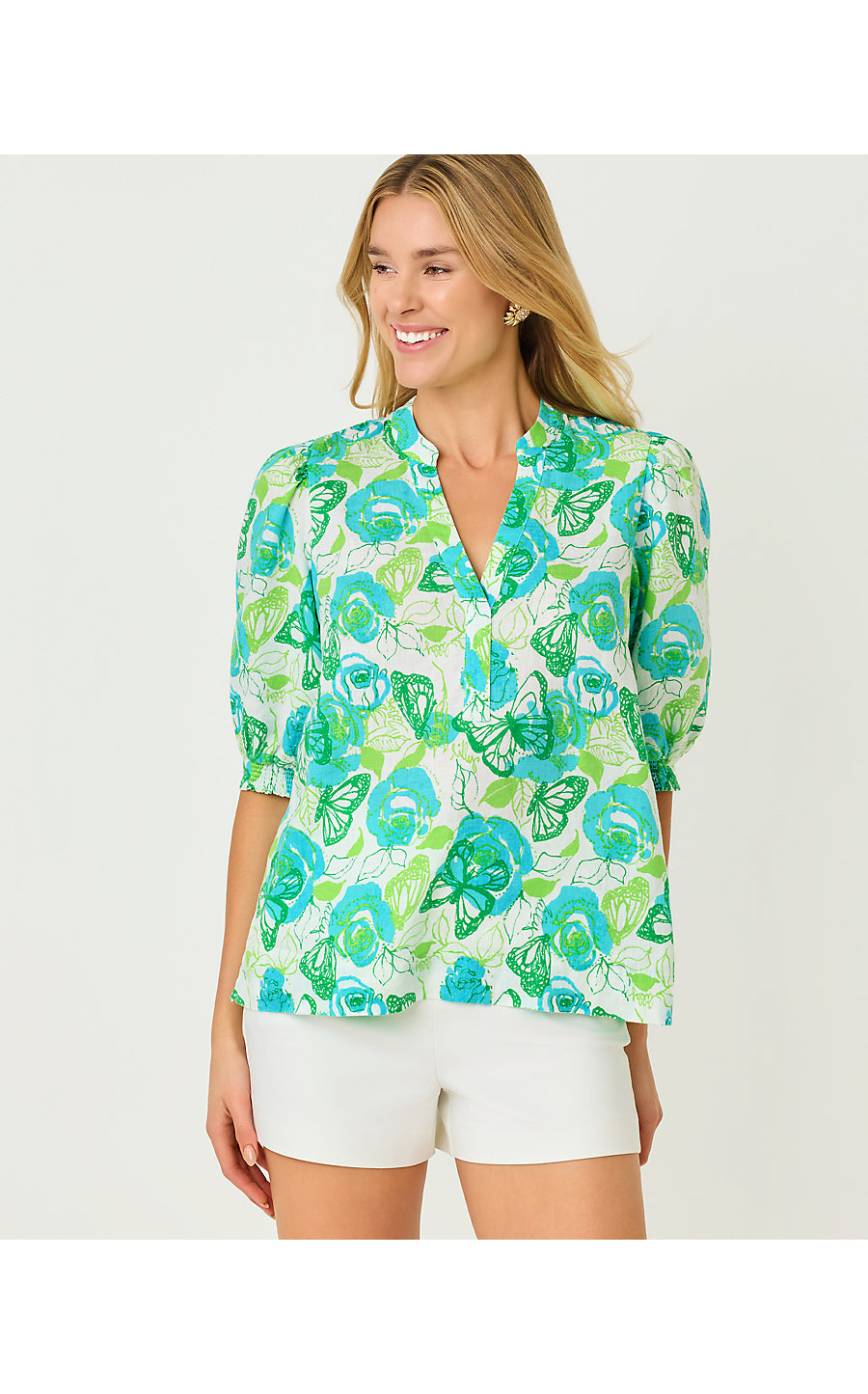 MIALEIGH ELBOW SLEEVE LINEN TOP, RESORT WHITE MONARCH ROSE