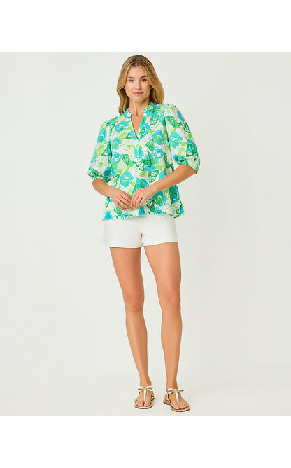 MIALEIGH ELBOW SLEEVE LINEN TOP, RESORT WHITE MONARCH ROSE