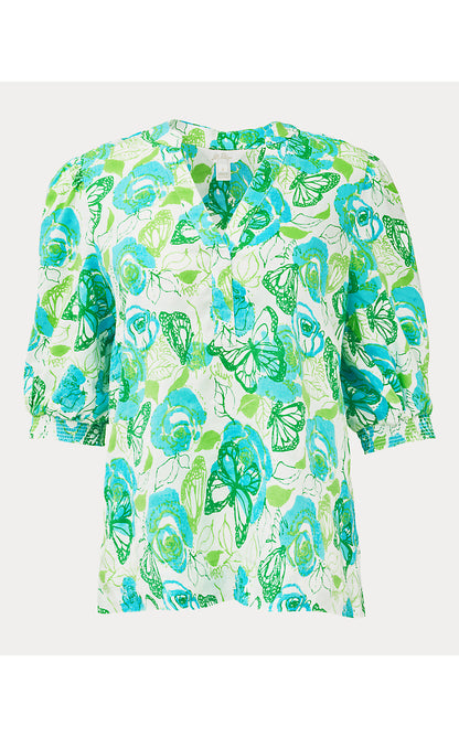 MIALEIGH ELBOW SLEEVE LINEN TOP, RESORT WHITE MONARCH ROSE