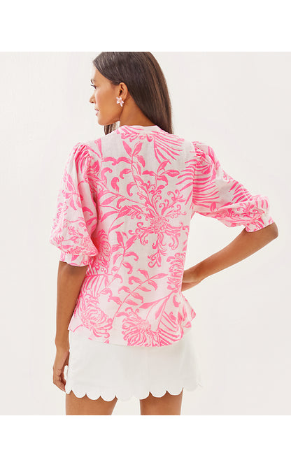 MIALEIGH ELBOW SLEEVE LINEN TOP, ROUSSEAU PINK GLISTEN IN THE SUN
