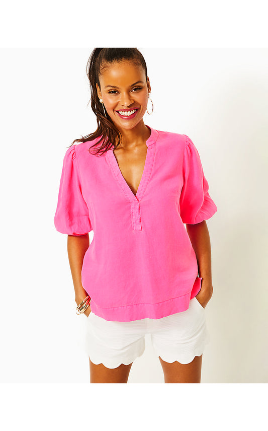 MIALEIGH ELBOW SLEEVE LINEN TOP, ROXIE PINK