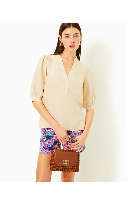 MIALEIGH ELBOW SLEEVE LINEN TOP, SAND BAR X RESORT WHITE