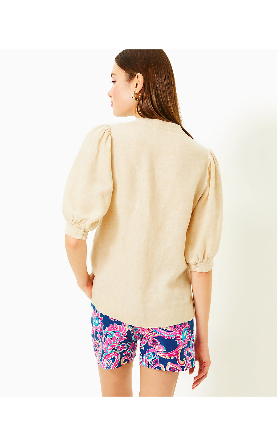 MIALEIGH ELBOW SLEEVE LINEN TOP, SAND BAR X RESORT WHITE