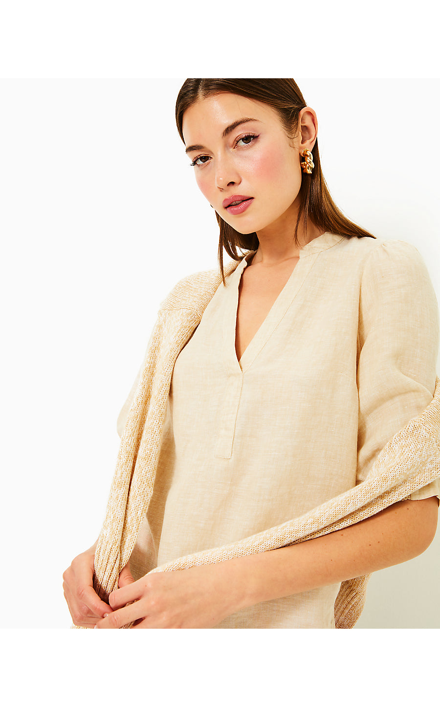 MIALEIGH ELBOW SLEEVE LINEN TOP, SAND BAR X RESORT WHITE