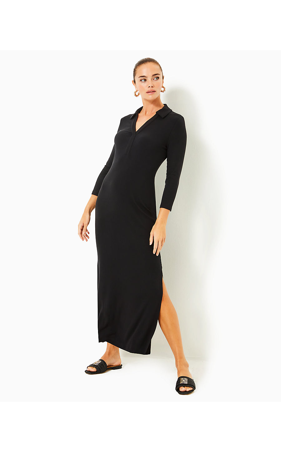 OLLIE 3/4 SLEEVE MAXI POLO DRESS, NOIR