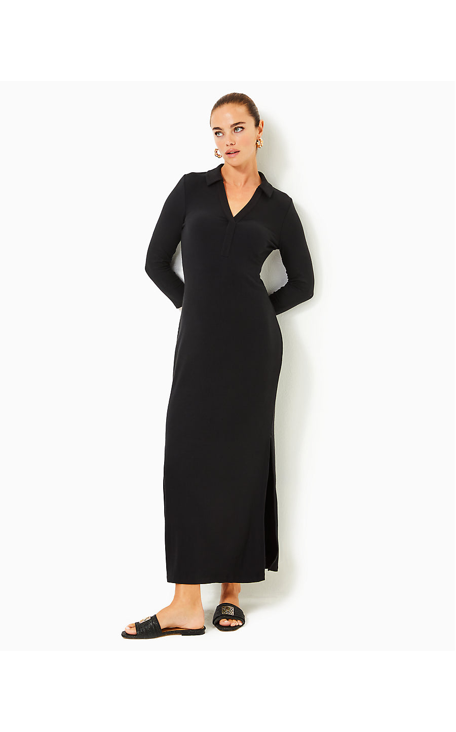 OLLIE 3/4 SLEEVE MAXI POLO DRESS, NOIR