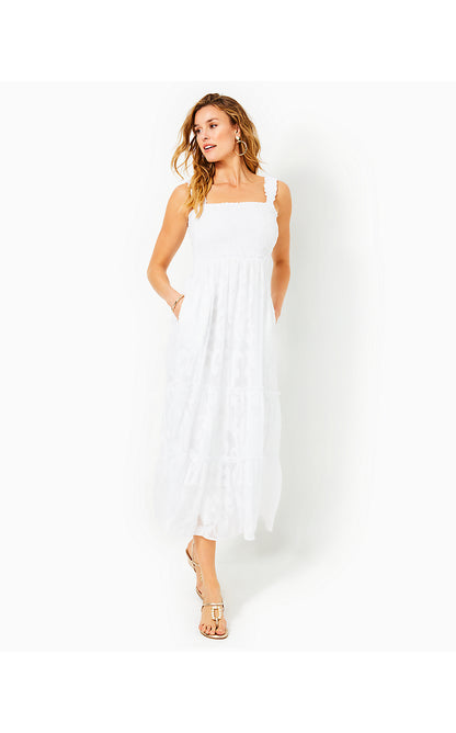 HADLY SMOCKED MAXI DRESS, RESORT WHITE POLY CREPE SWIRL CLIP