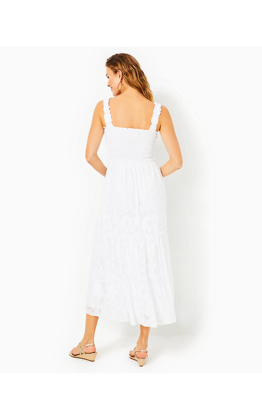 HADLY SMOCKED MAXI DRESS, RESORT WHITE POLY CREPE SWIRL CLIP