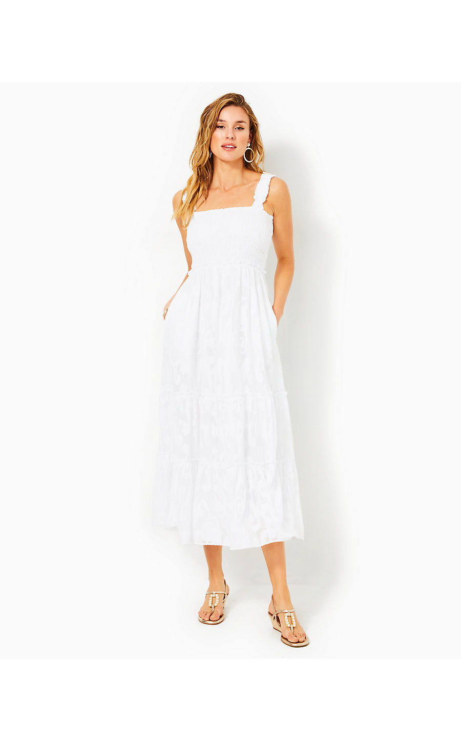 HADLY SMOCKED MAXI DRESS, RESORT WHITE POLY CREPE SWIRL CLIP